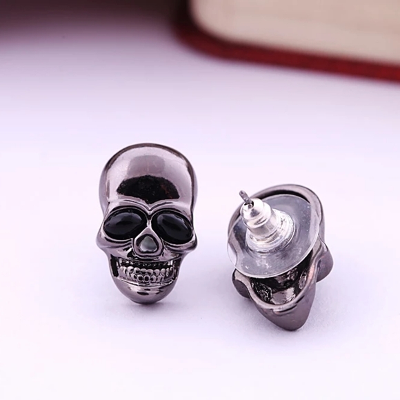 Gunmetal Black Skull Stud Earrings - Picture 1 of 5